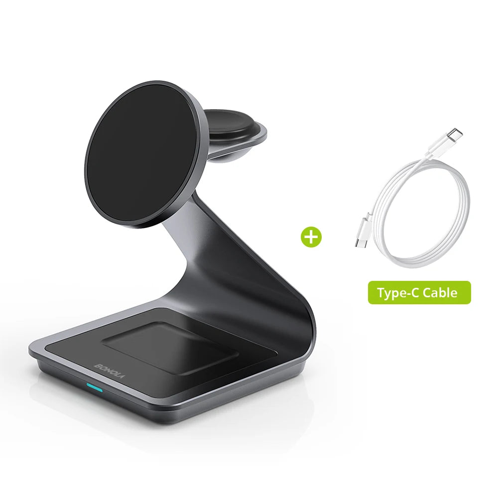 Carregador Sem Fio Magnético 3 em 1 Bonola 30W – iPhone, Apple Watch e AirPods