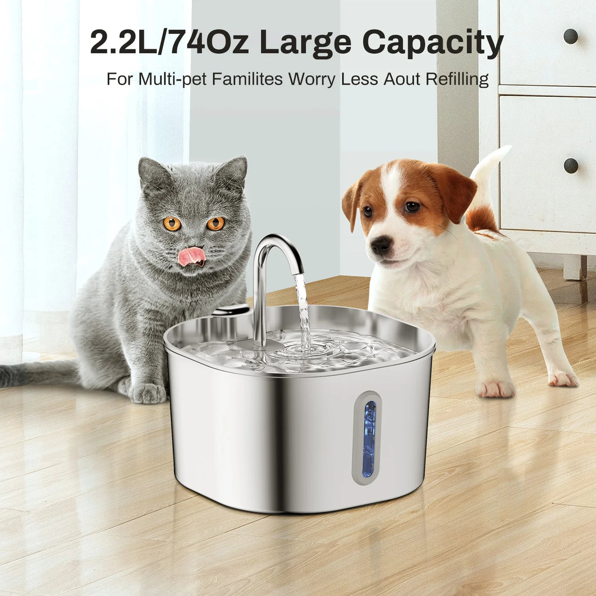 Fonte de Água para Gatos e Cães em Aço Inoxidável 2.2L com Filtro – Bebedouro Silencioso