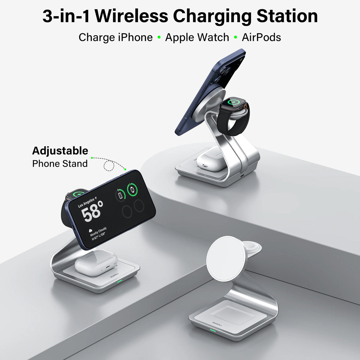 Carregador Sem Fio Magnético 3 em 1 Bonola 30W – iPhone, Apple Watch e AirPods