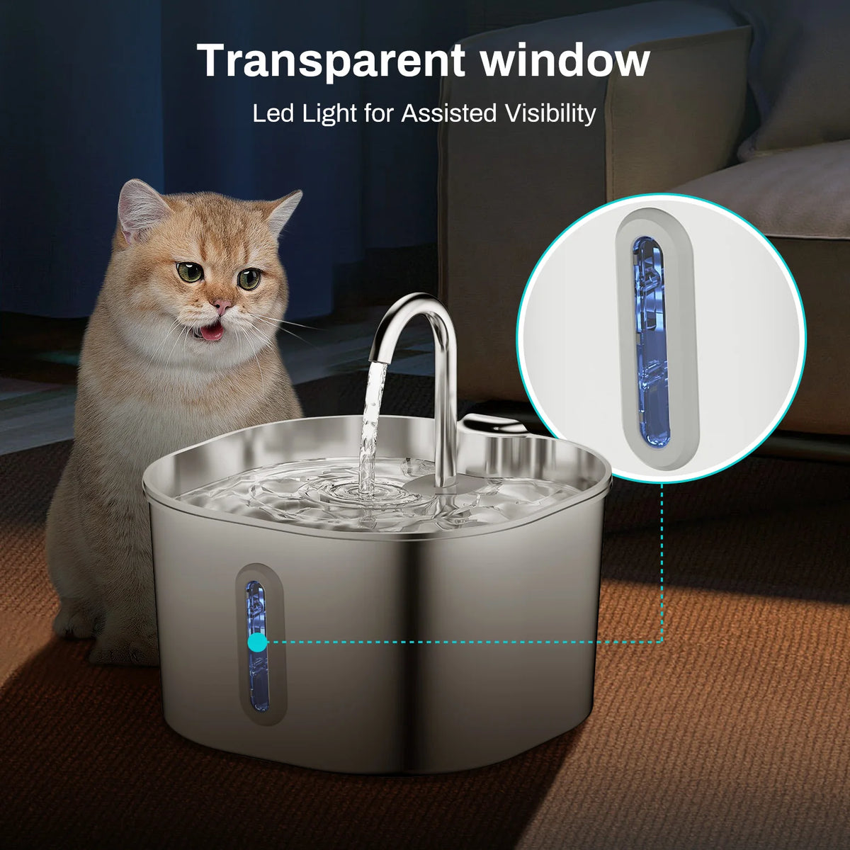 Fonte de Água para Gatos e Cães em Aço Inoxidável 2.2L com Filtro – Bebedouro Silencioso