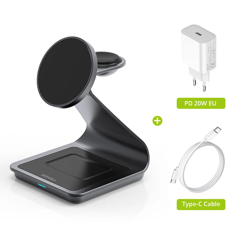 Carregador Sem Fio Magnético 3 em 1 Bonola 30W – iPhone, Apple Watch e AirPods