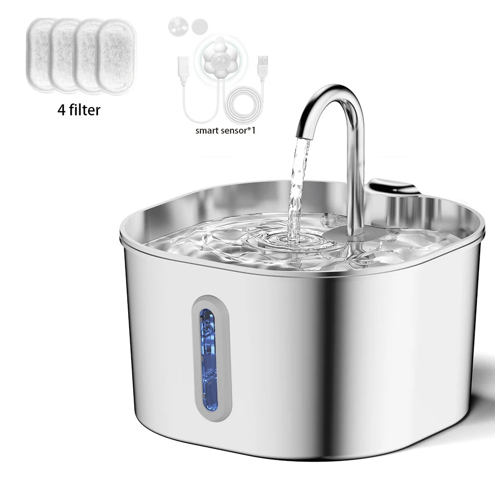 Fonte de Água para Gatos e Cães em Aço Inoxidável 2.2L com Filtro – Bebedouro Silencioso