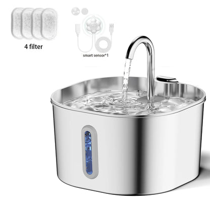 Fonte de Água para Gatos e Cães em Aço Inoxidável 2.2L com Filtro – Bebedouro Silencioso
